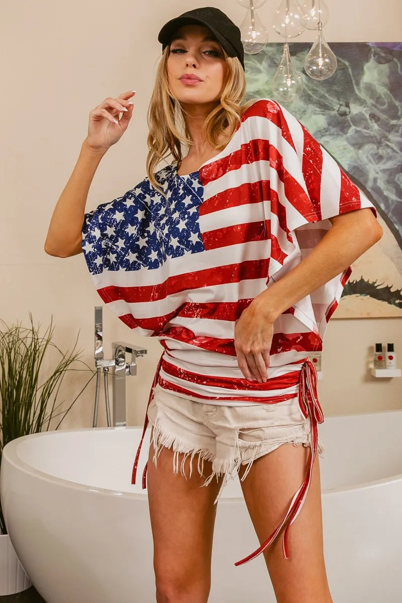 BiBi American Flag Printed Side Ruched Details Knit Top - NeoKira Unlimited
