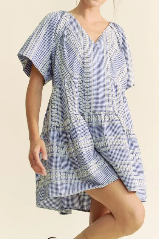 Davi & Dani Embroidered Stripe Ruffled Gingham Mini Dress - NeoKira Unlimited