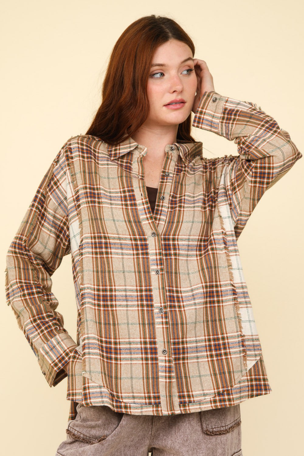 VERY J Contrast Plaid Raw Detail Shirt - NeoKira Unlimited