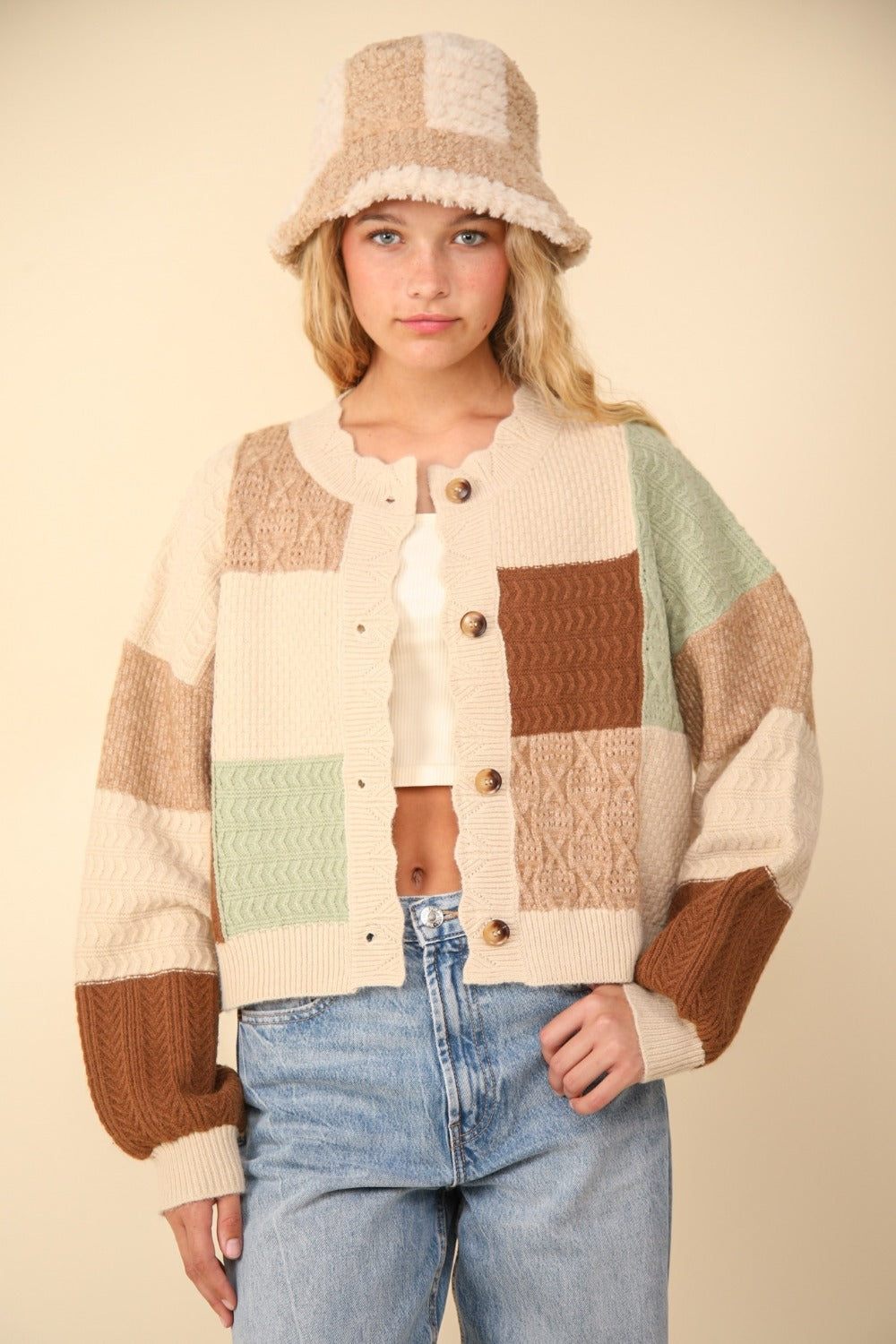 VERY J Color Block Button Down Textured Sweater Cardigan - NeoKira Unlimited