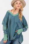 SAGE + FIG Mineral Wash Side Slit Contrast Top Top Trendsi Teal S 