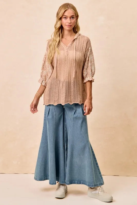 BiBi Puff Sleeve Hooded Knit Top With Jacquard Floral Lace – Light Taupe - NeoKira Unlimited