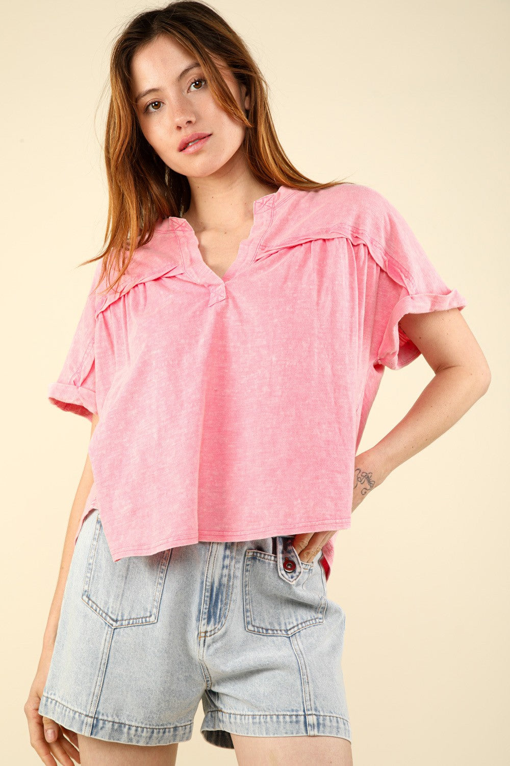 VERY J Nochted Short Sleeve Washed T-Shirt T-Shirt Trendsi Pink S 