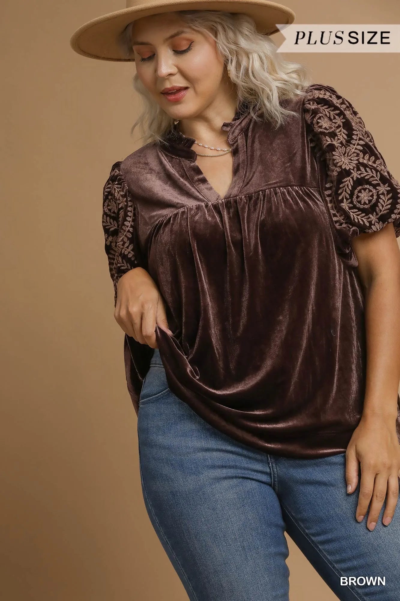 Umgee Velvet Embroidered Sleeve Blouse – Boho Luxe Plus Style - NeoKira Unlimited