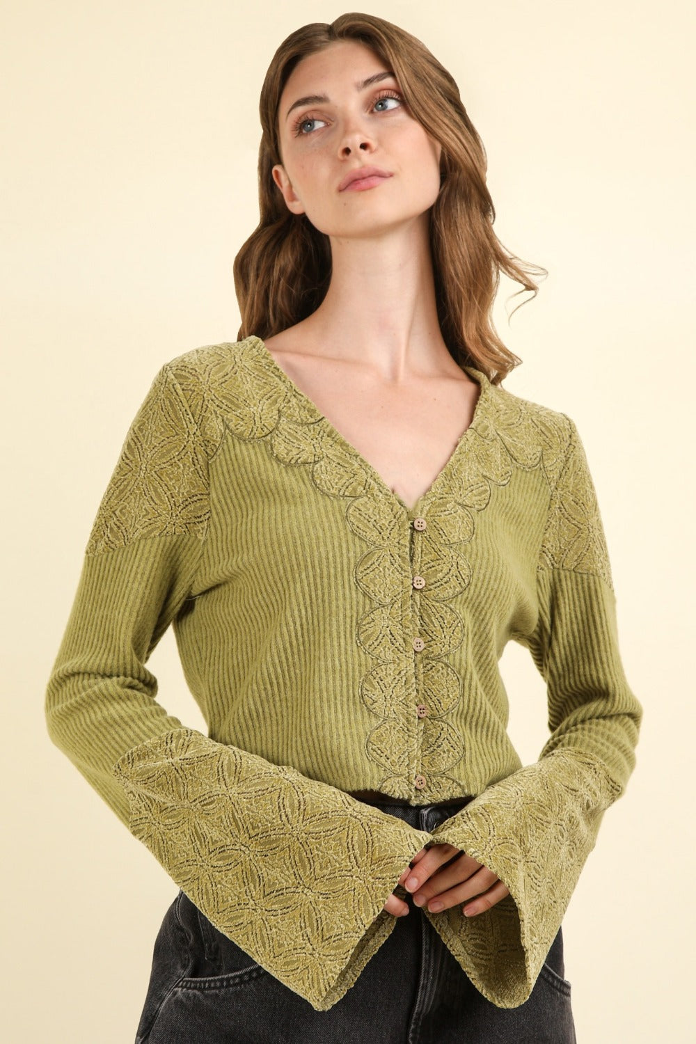 VERY J V-Neck Lace Detail Button Down Crop Ribbed Knit Top - NeoKira Unlimited