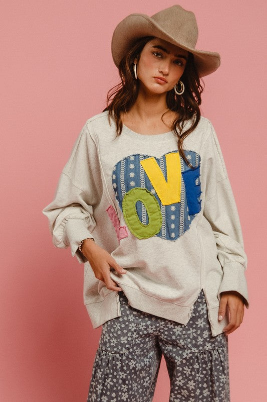 BiBi LOVE Heart Patch Slit French Terry Sweatshirt - NeoKira Unlimited