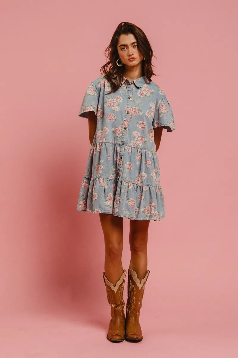 BiBi Vintage Style Blue Floral Washed Tiered Lightweight Mini Shirt Dress - NeoKira Unlimited