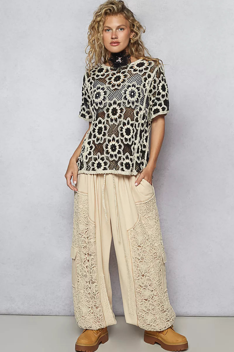POL Openwork Short Sleeve Crochet Knit Top – Boho Chic Knitwear - NeoKira Unlimited