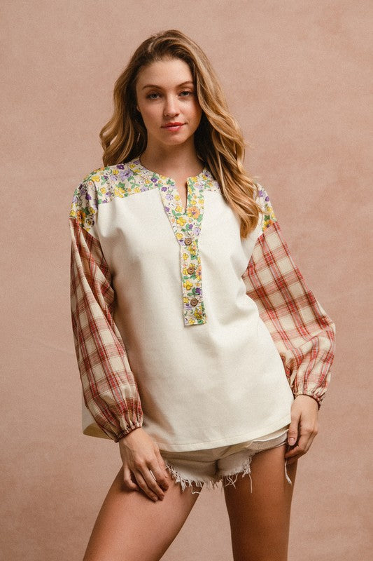 BiBi Floral Notched Plaid Balloon Sleeve Top - NeoKira Unlimited