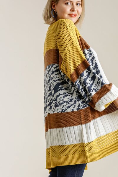 Umgee Full Size Color Block Open Front Longline Cardigan Plus Size - NeoKira Unlimited