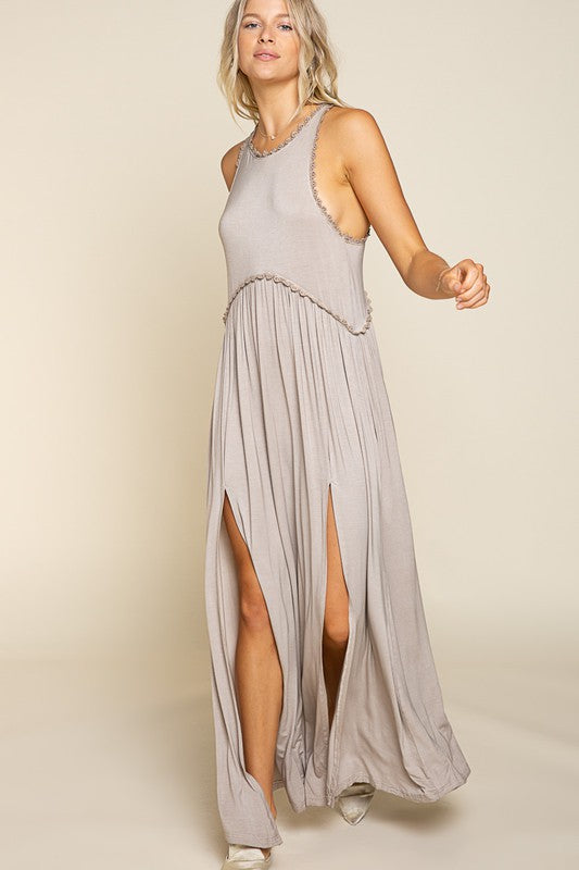 POL Stone Washed Side Slit Cut Out Maxi Dress Maxi Dress POL ROMANTIC TAUPE S 