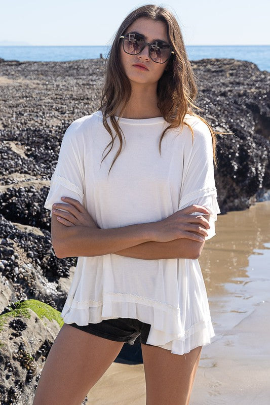 POL Peek-a-boo Ruffle Overlay Knit Top - NeoKira Unlimited