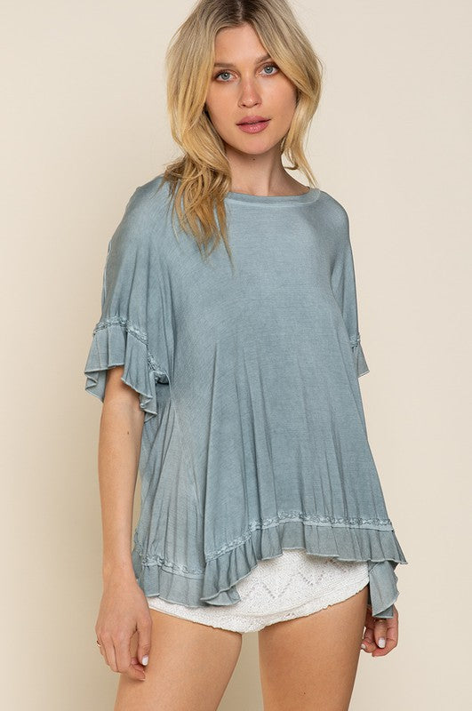 POL Peek-a-boo Ruffle Overlay Knit Top Top POL BLUE SAGE S 