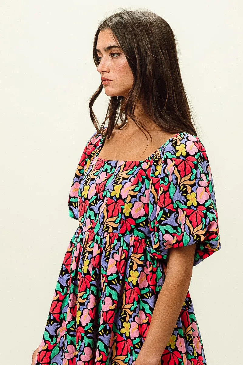 BiBi Tropical Boho Floral Print Puff Sleeve Square Neck Dress - NeoKira Unlimited