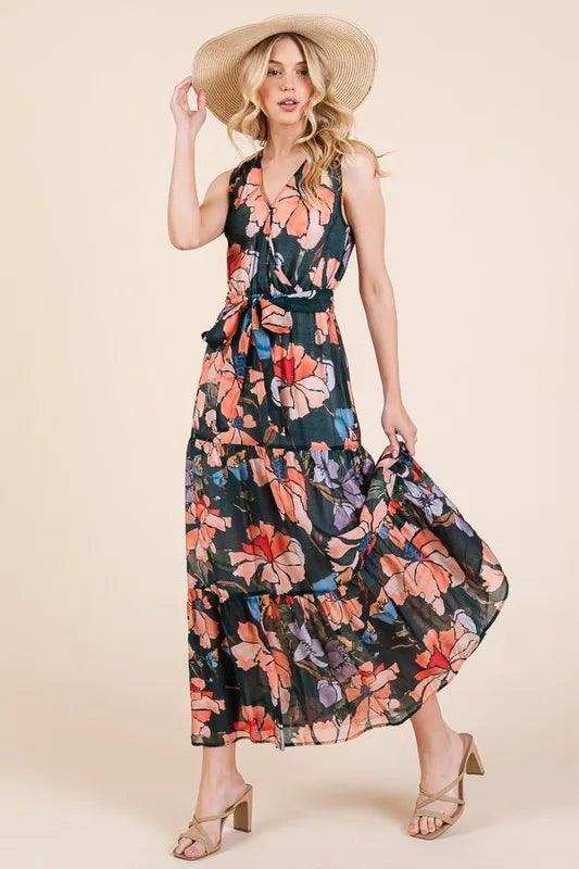 Lime 'N' Chili Floral Print Sleeveless Tie Waist Maxi Dress Feminine Flowing - NeoKira Unlimited