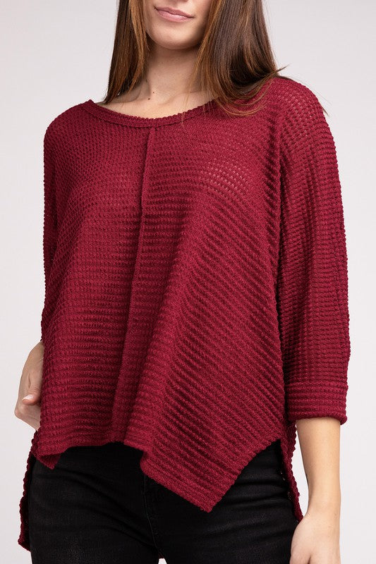 ZENANA 3/4 Sleeve V-Neck Hi-Low Hem Jacquard Sweater