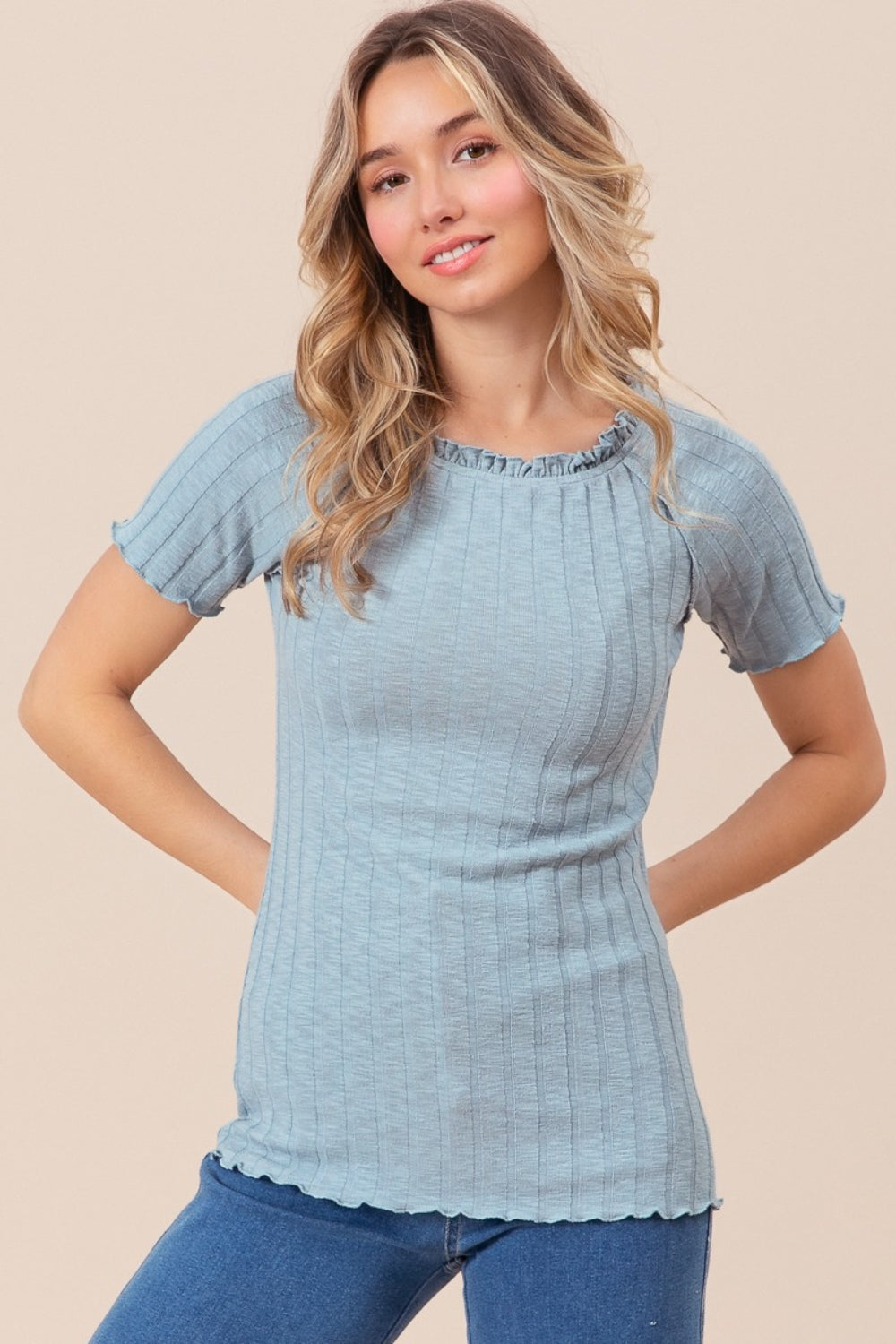 BiBi Ruffle Round Neck Merrow Edge Rib Top Top Trendsi   