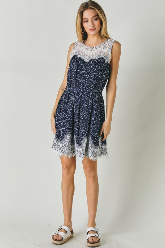 Printed Sleeveless Lace Trim Mini Dress  Davi & Dani   