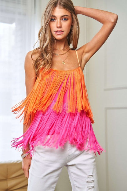 Davi & Dani Fringe Overlay Cross Straps Party Cami Top Top Davi & Dani NEON ORANGE MULTI S 