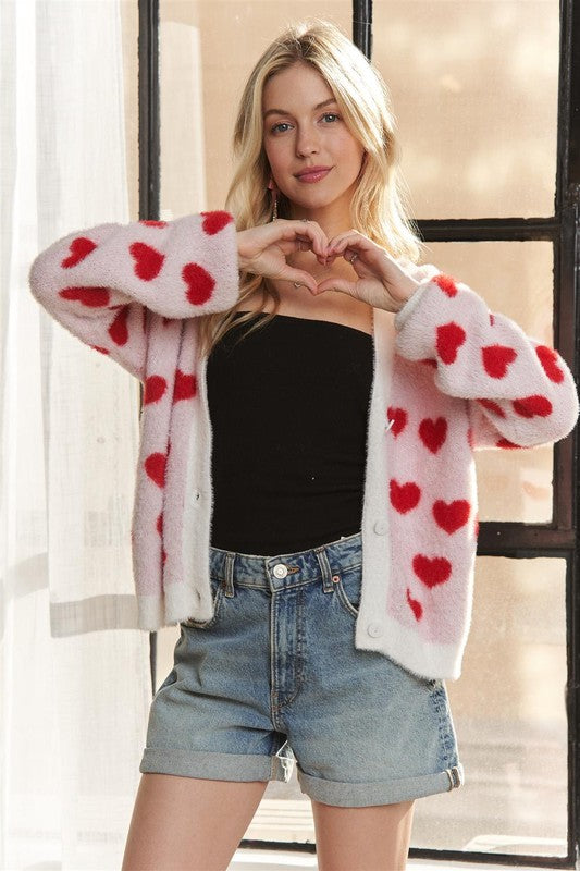 ADORA Fuzzy Heart Button Down Cardigan - NeoKira Unlimited