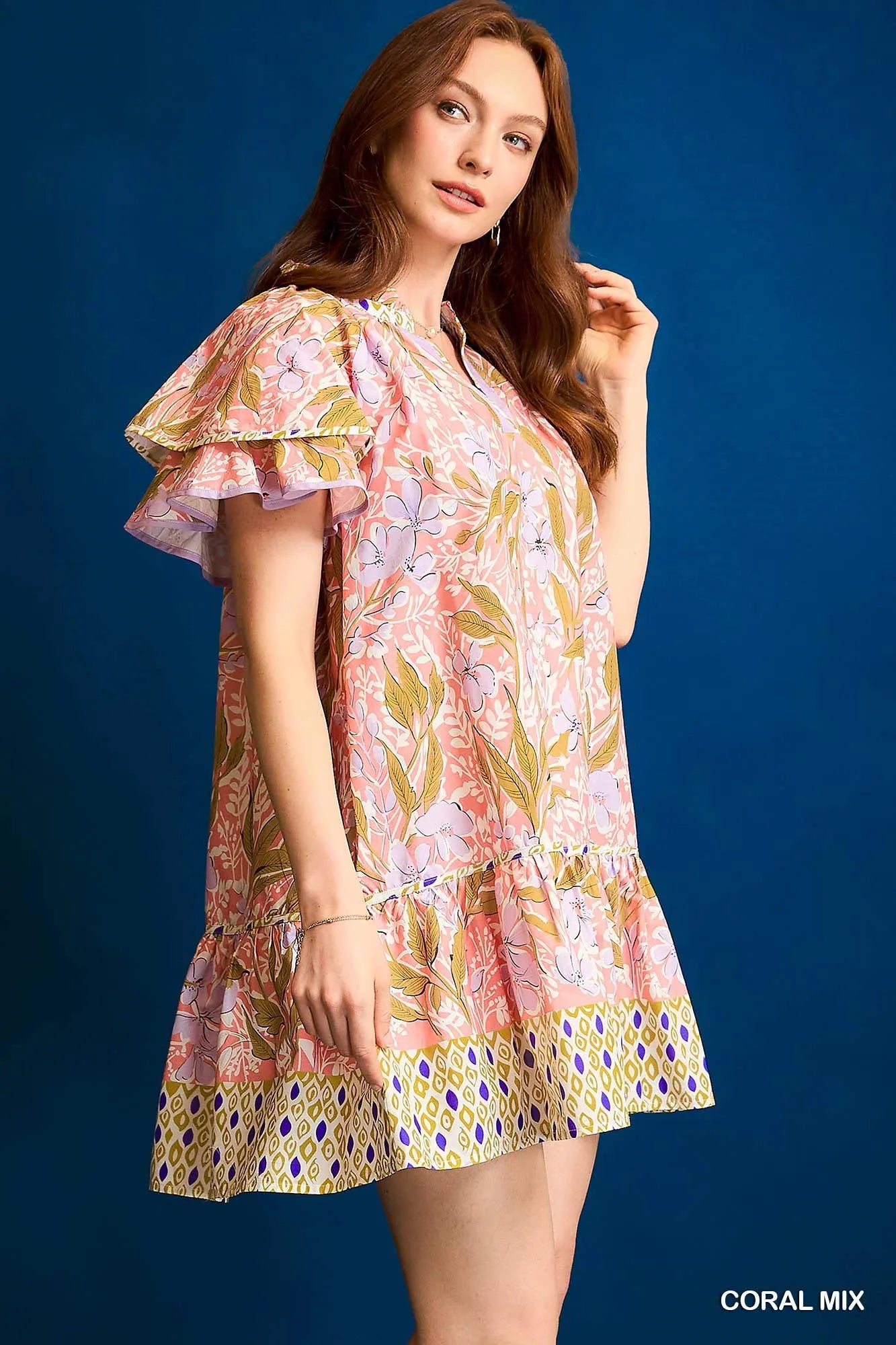 Umgee Floral Ruffle Sleeve Tunic Dress Lightweight Cotton Style - NeoKira Unlimited