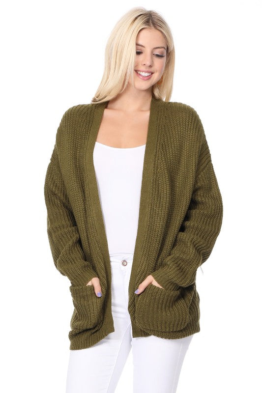 Chunky Waffle Knit Open Front Sweater Cardigan Cardigan Mak Olive SM 