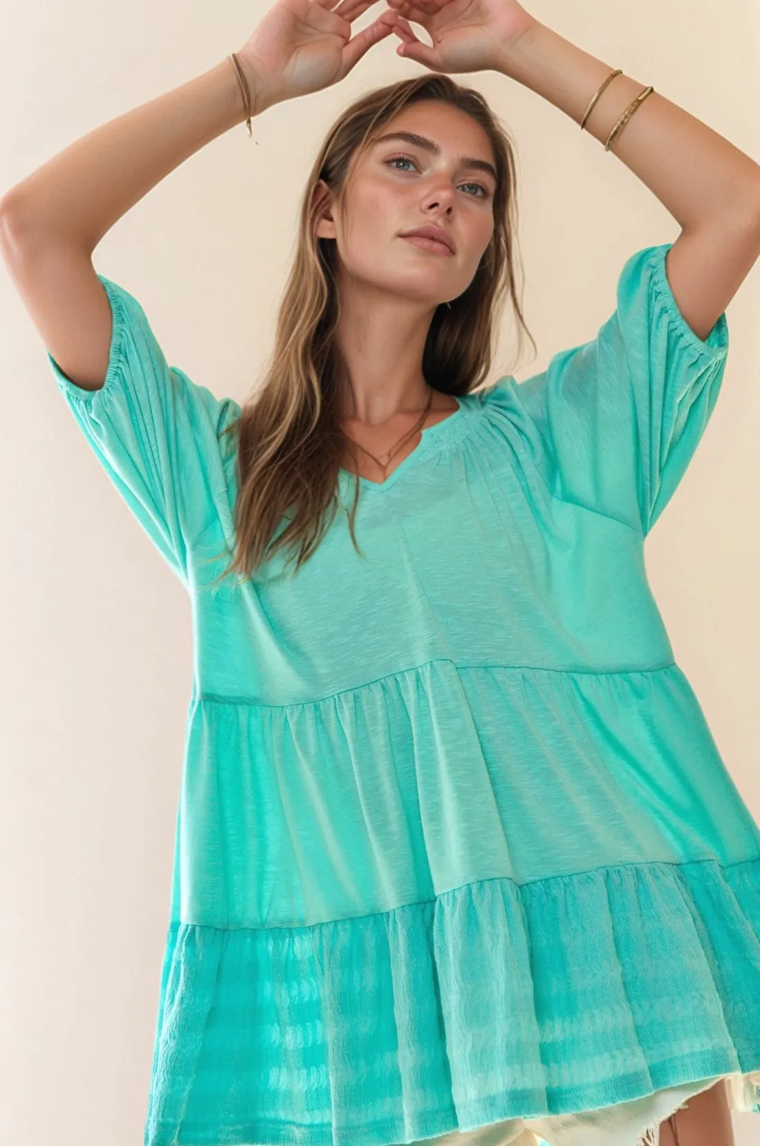 Davi & Dani Solid Ruffled Flared Short Sleeve V Neck Top - NeoKira Unlimited