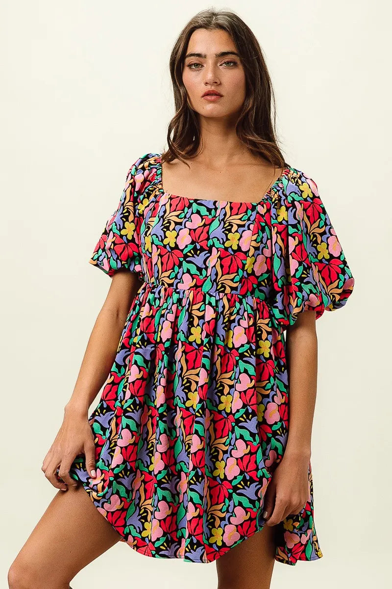 BiBi Tropical Boho Floral Print Puff Sleeve Square Neck Dress - NeoKira Unlimited