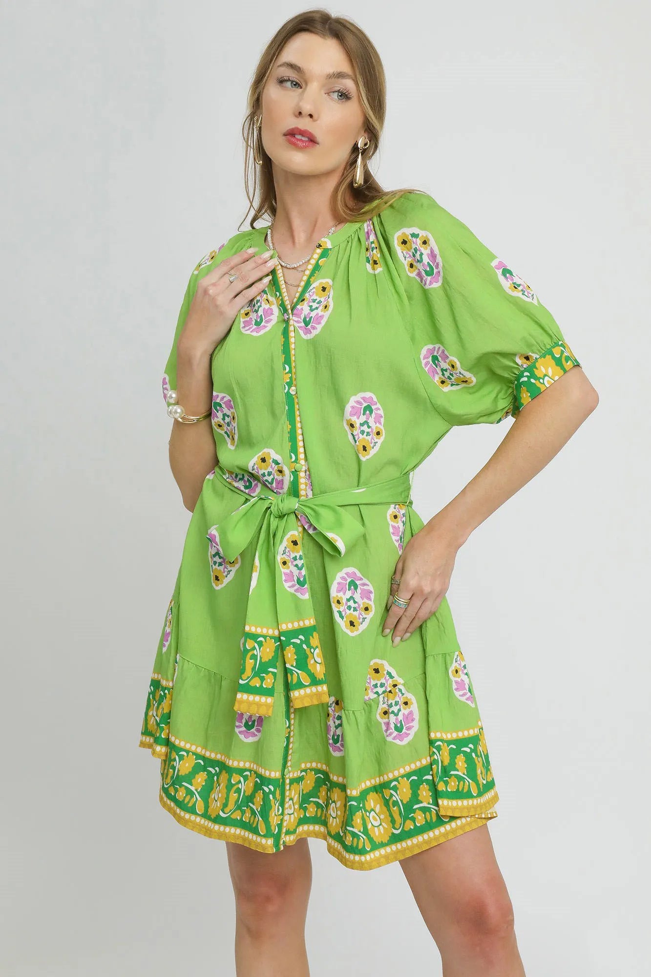 Umgee Floral Green Tie Waist Boho Shirt Dress Garden-Inspired Chic Look - NeoKira Unlimited
