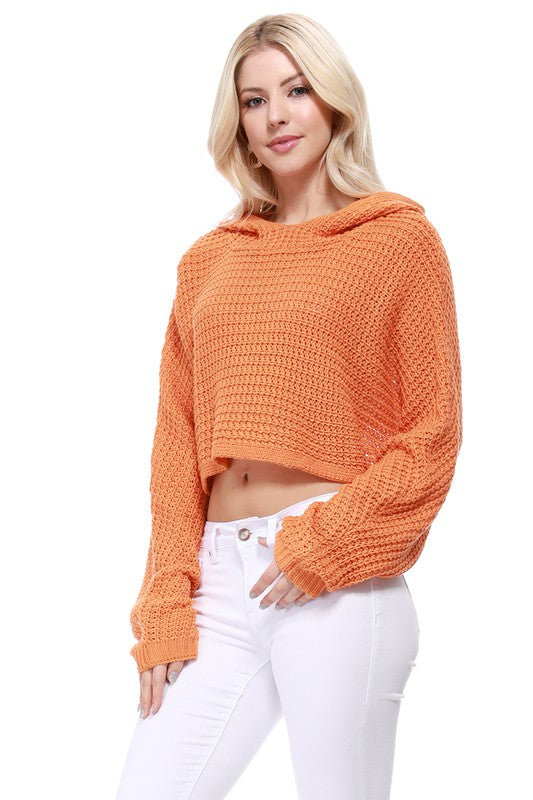 Bat Wing Sleeve Crop Waffle Knit Hoodie Top Hooded Top Mak Light Orange SM 