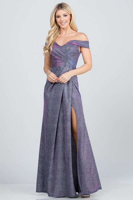 Off Shoulder Glitter Evening Gown with Side Slit – Formal A-Line Dress - NeoKira Unlimited