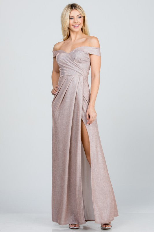 Off Shoulder Glitter Evening Gown with Side Slit – Formal A-Line Dress - NeoKira Unlimited