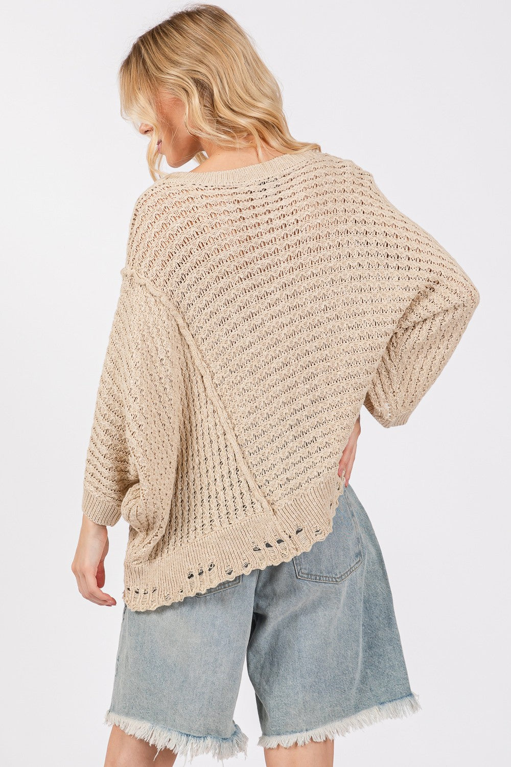 SAGE + FIG Distressed Asymmetrical Open Stitch Sweater - NeoKira Unlimited