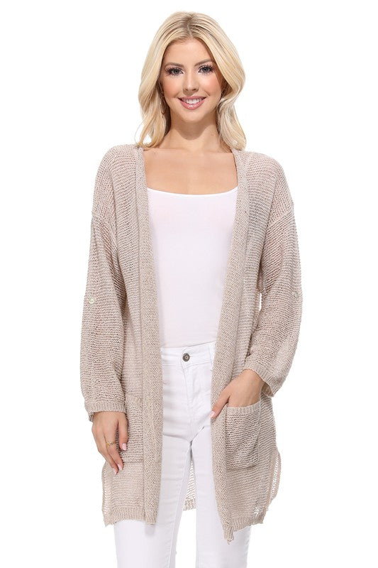 See Through Stitch Sweater Long Cardigan Cardigan Mak Taupe SM 