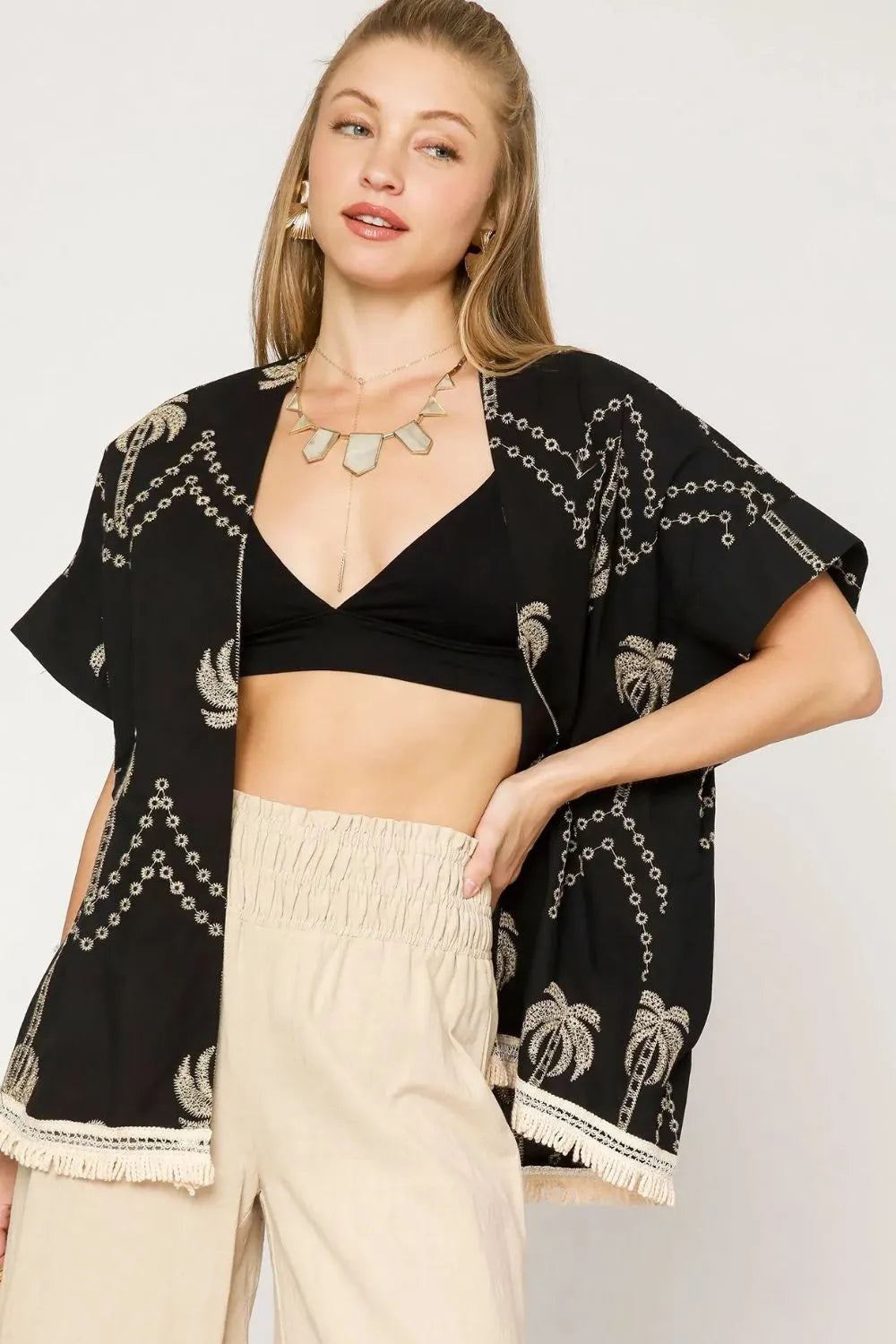 Umgee Black Embroidered Palm Tree Fringe Kimono Breezy Boho Elegance - NeoKira Unlimited