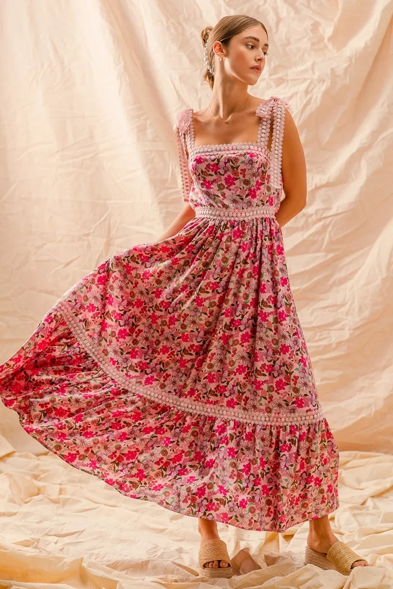 SO ME Pink Boho Floral Smocked Tiered Maxi Dress With Tie Straps - NeoKira Unlimited