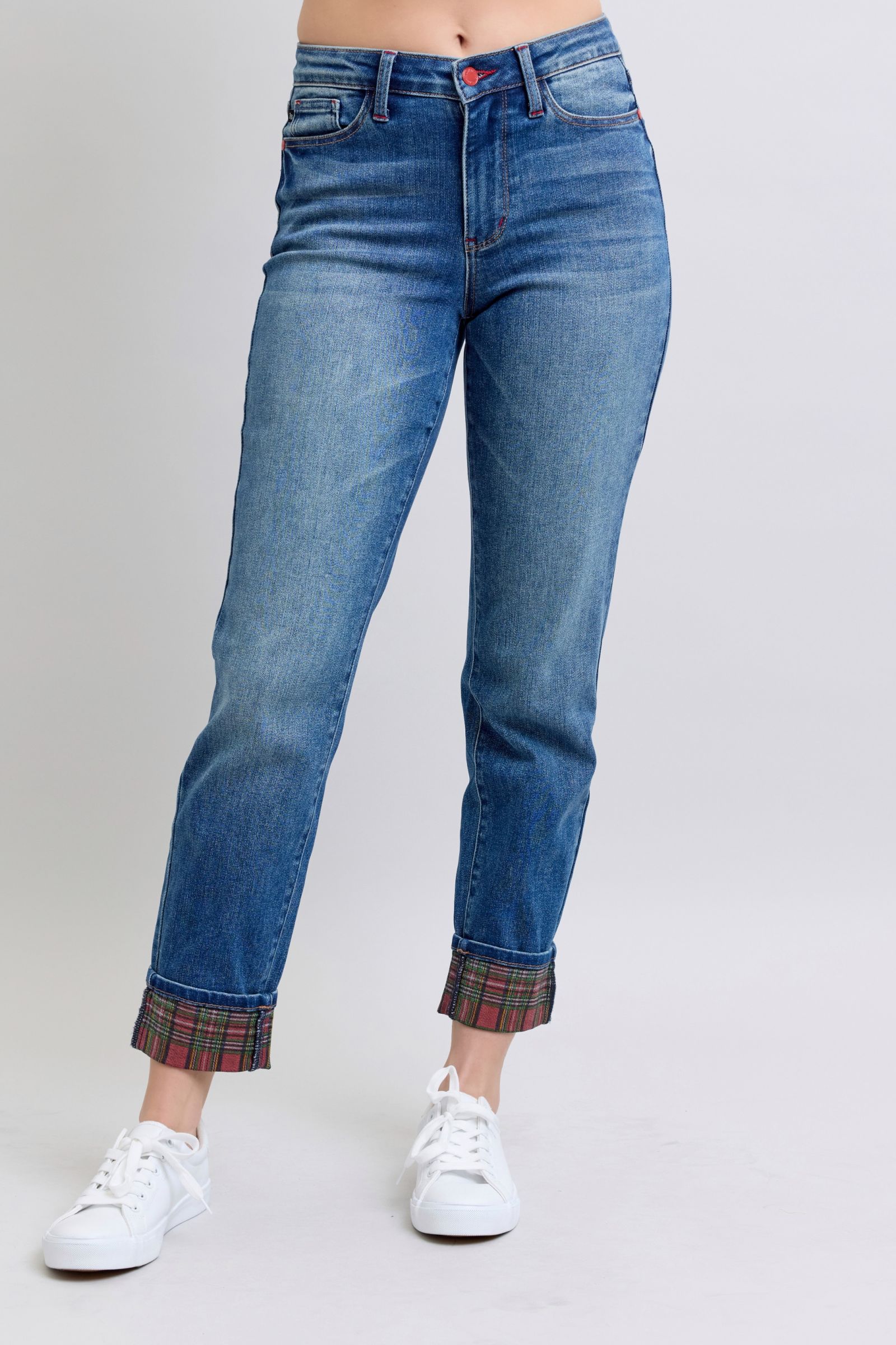 Judy Blue Full Size Plaid Print Cuff Straight Leg Jeans with Pockets - NeoKira Unlimited