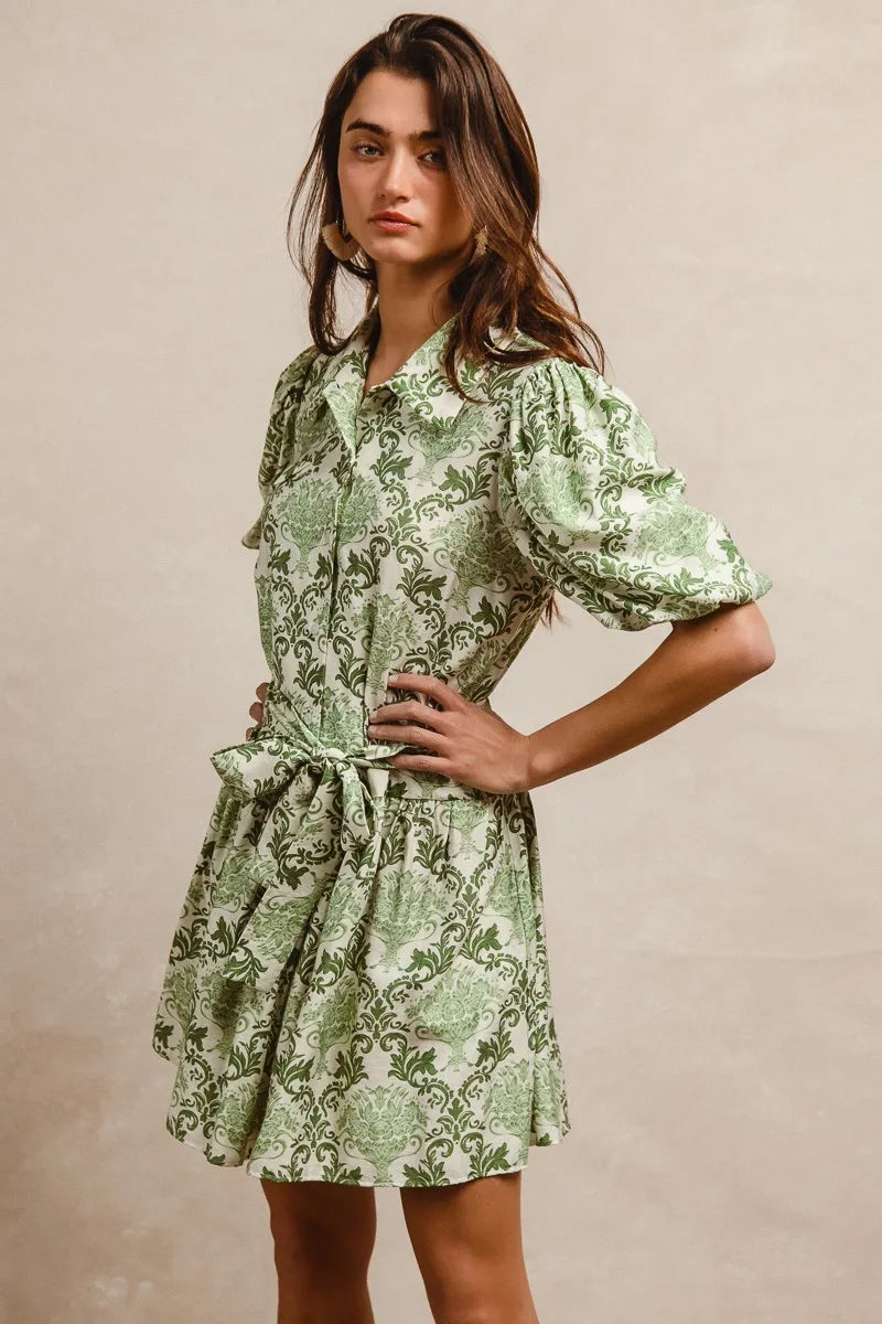 BiBi Tied Floral Short Sleeve Mini Shirt Dress - NeoKira Unlimited