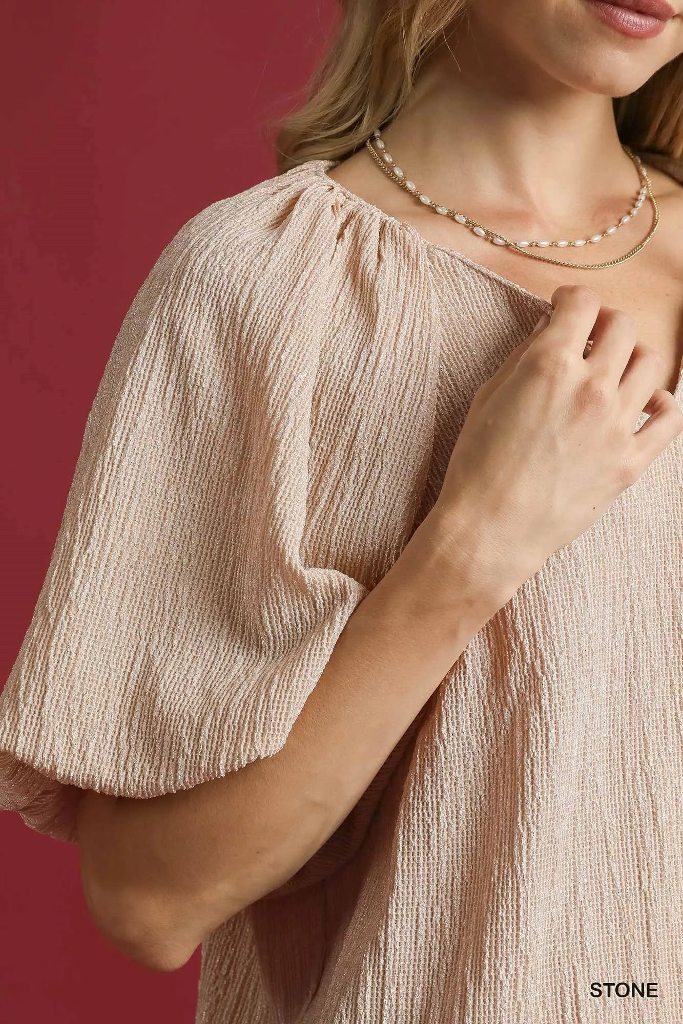 Umgee Beige Minimalist Puff Sleeve Blouse Soft Textured Fabric - NeoKira Unlimited