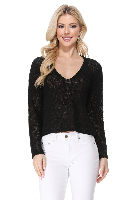 V Neck Drop Shoulder Slub Knit Crop Sweater Top - NeoKira Unlimited