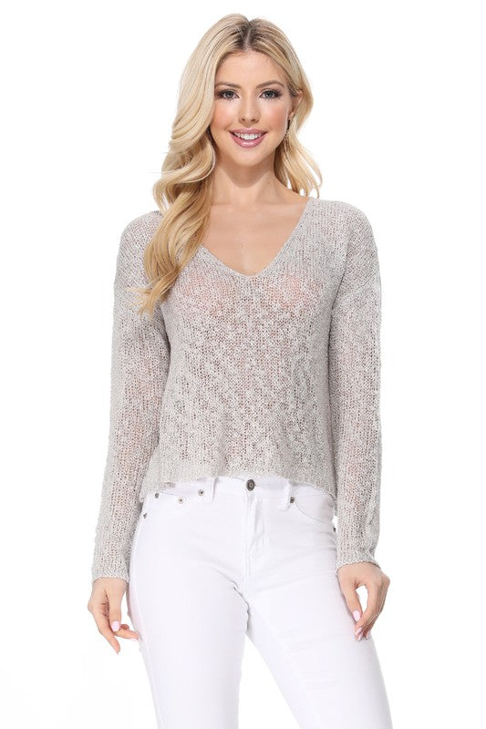 V Neck Drop Shoulder Slub Knit Crop Sweater Top - NeoKira Unlimited