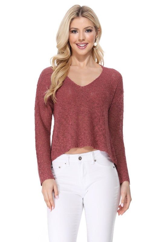 V Neck Drop Shoulder Slub Knit Crop Sweater Top - NeoKira Unlimited