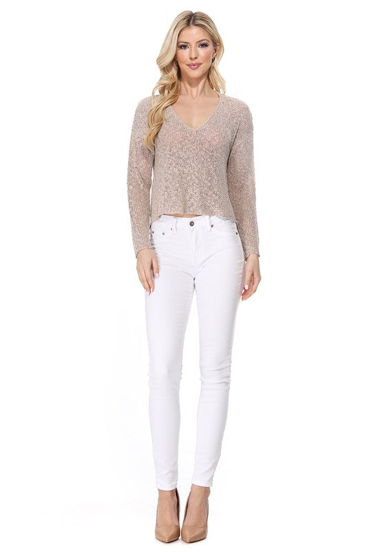 V Neck Drop Shoulder Slub Knit Crop Sweater Top - NeoKira Unlimited