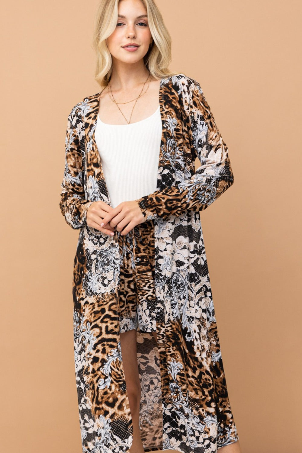 And The Why Leopard Kimono Open Front Longline Cardigan - NeoKira Unlimited