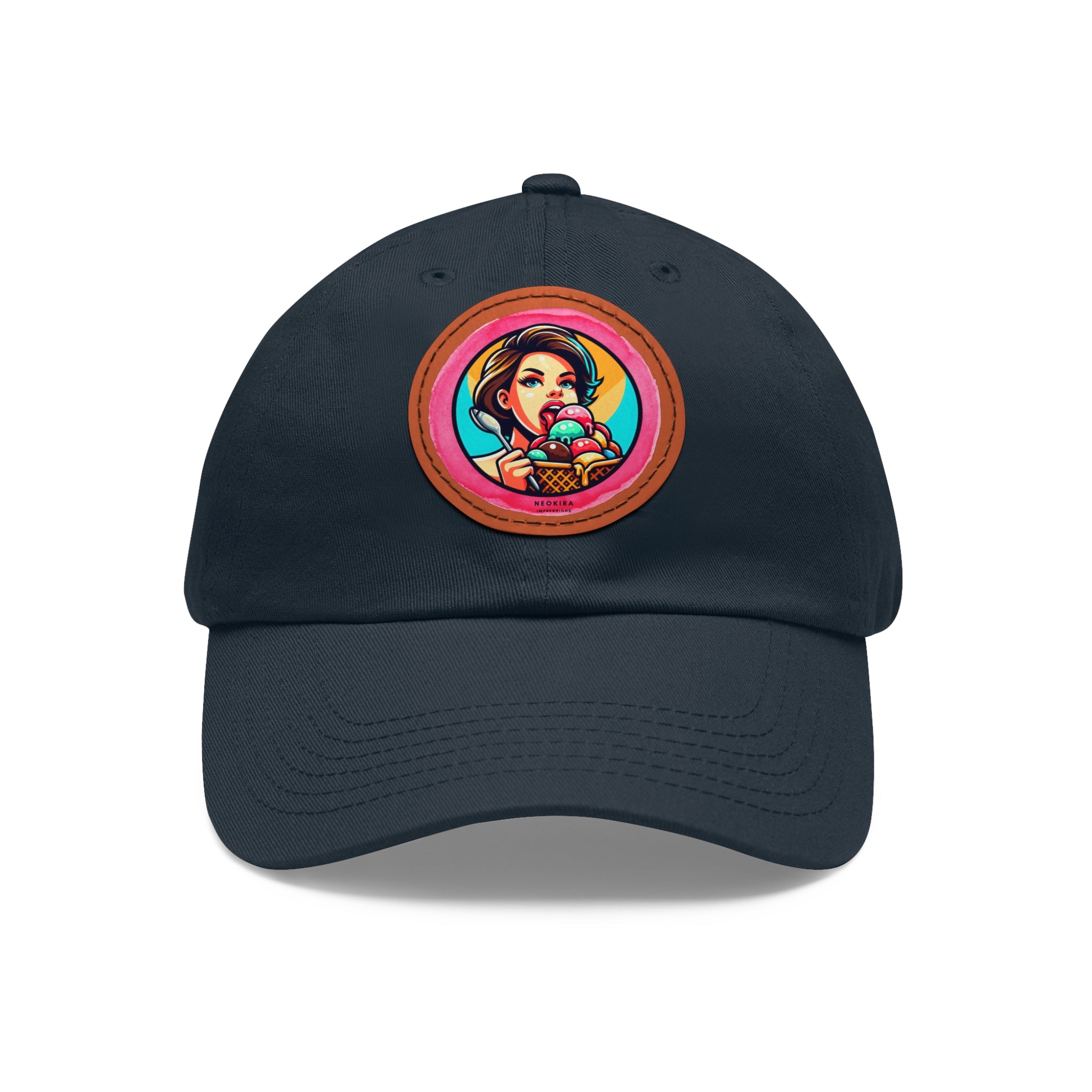 ICE CREAM Dad Hat with Leather Patch (Round) Caps Printify Navy / Light Brown patch Circle One size