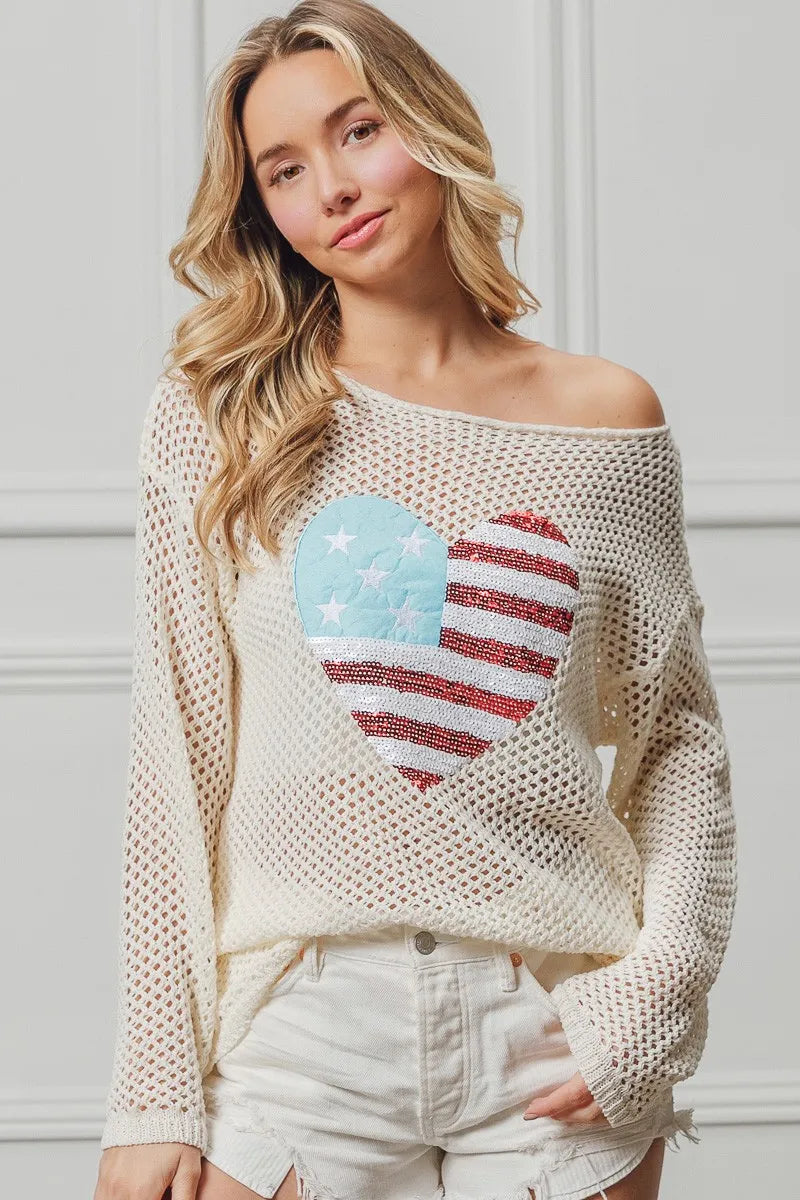 BiBi Sequin American Flag Heart Knit Up - NeoKira Unlimited