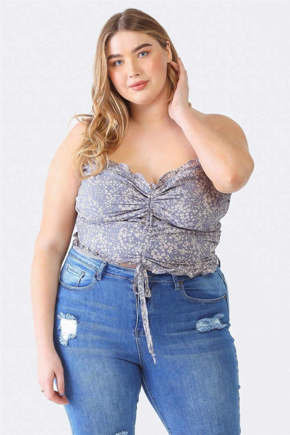 Zenobia Plus Size Drawstring Smocked Floral Tube Top Top Trendsi Denim Blue 1XL 