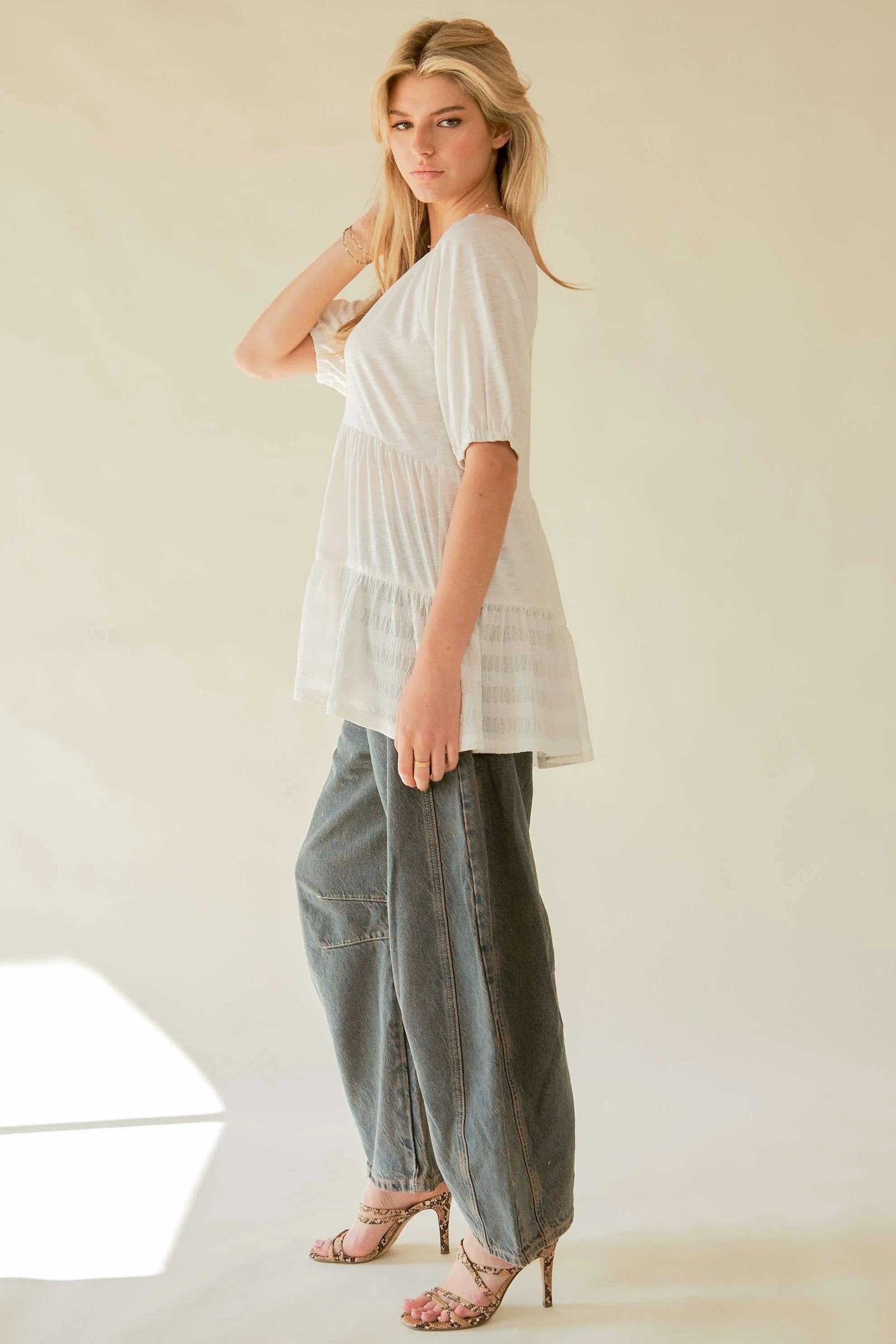 Davi & Dani Ruffled Flared Short Sleeve V Neck Blouse - NeoKira Unlimited