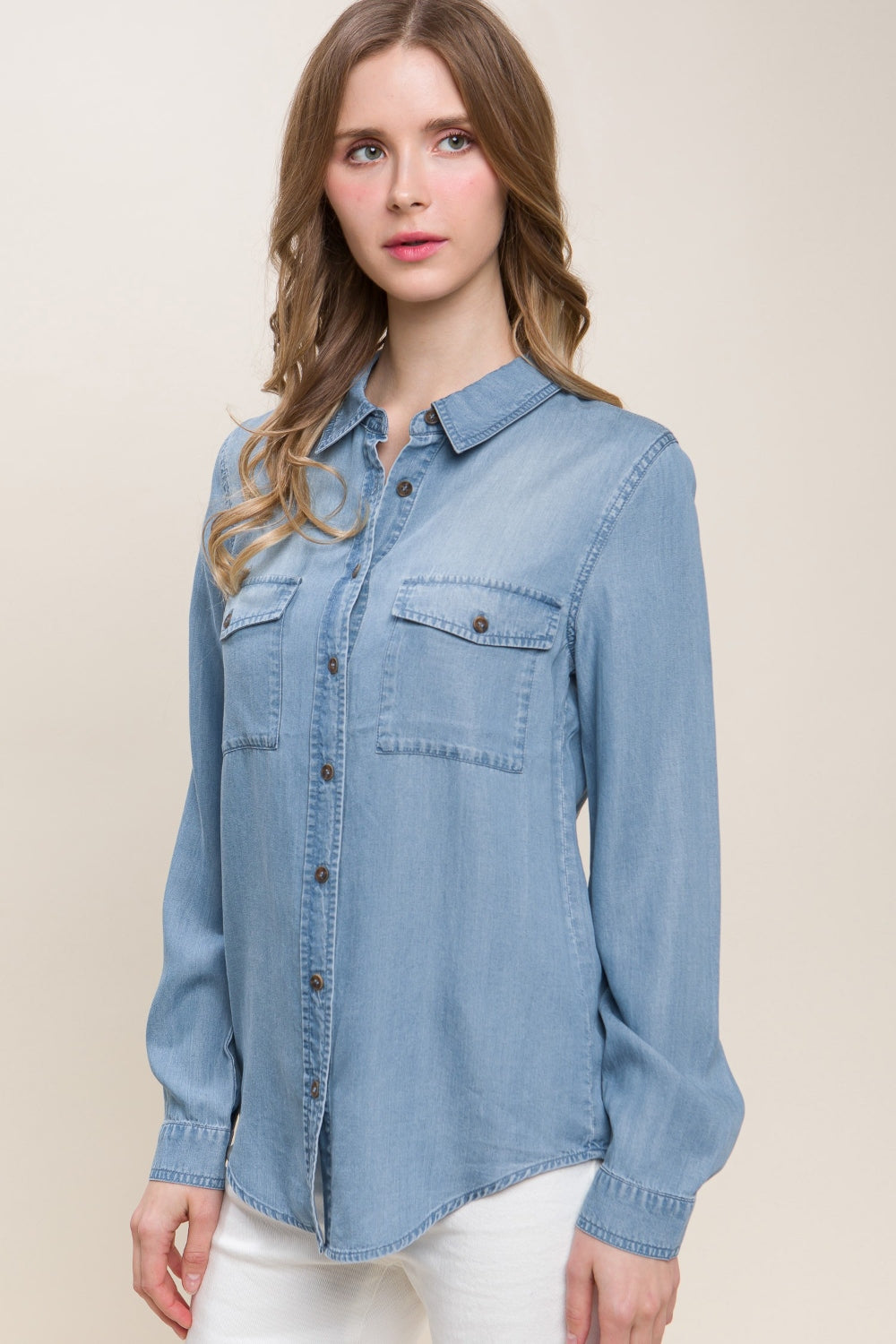 Love Tree Scooped Hem Button Up Denim Shirt - NeoKira Unlimited