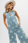 BiBi Star Print Half Zip Sleeveless Denim Jumpsuit Jumpsuits Trendsi Denim S 